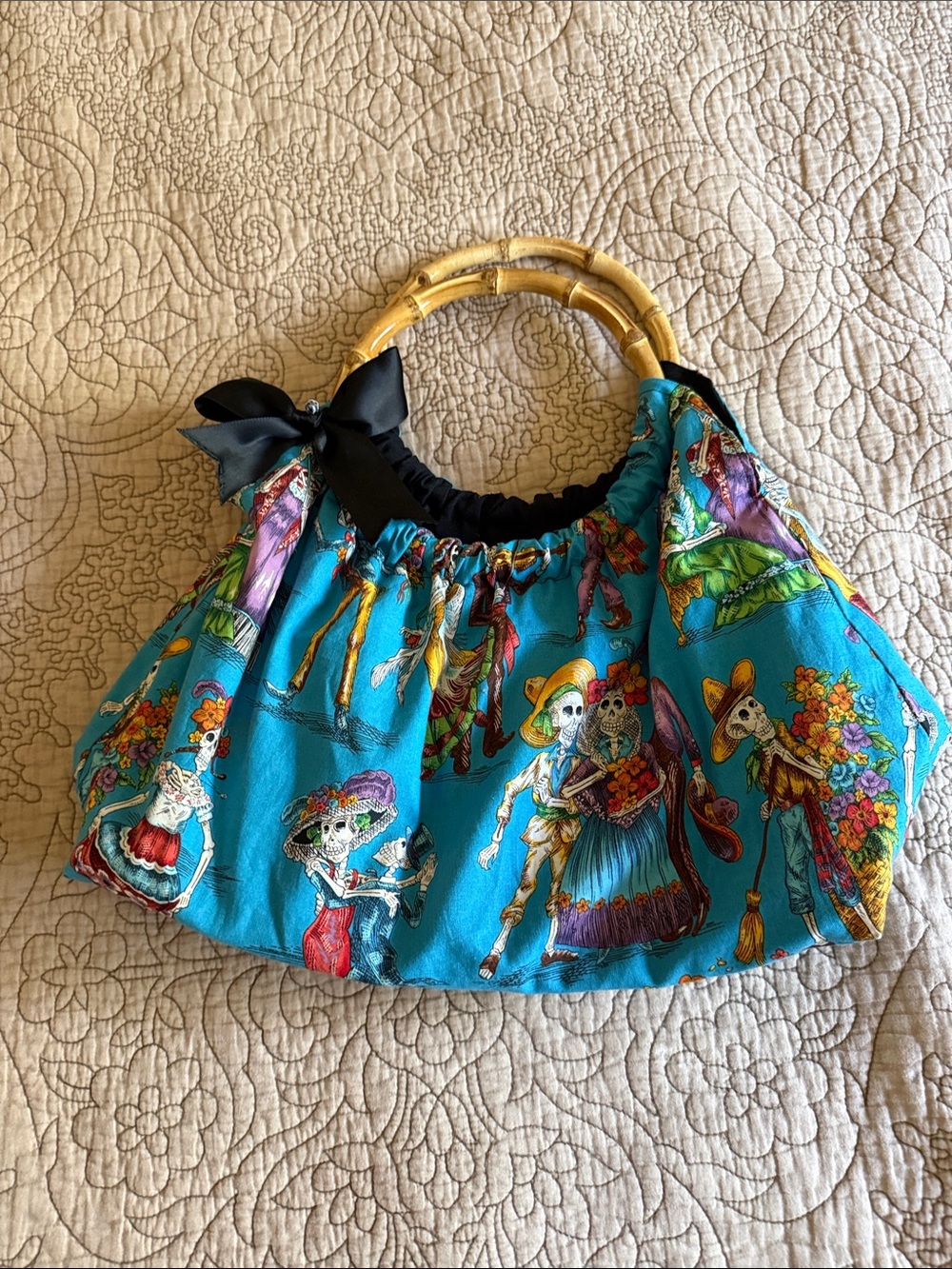 Turquoise Day of the Dead Print Tote with Bamboo Handles